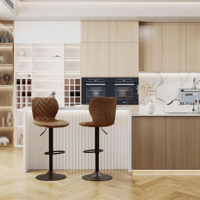 Барний стілець регульований по висоті з підніжкою та спинкою – 360° обертання, PU шкіра, набір 2 шт, коричневий