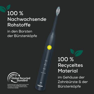 Beurer SC 30 Електрична зубна щітка Jet Black з 4 режимами чищення, 80 000 коливань, таймером та LED-дисплеєм + 2 насадки, корпус з переробленого пластику