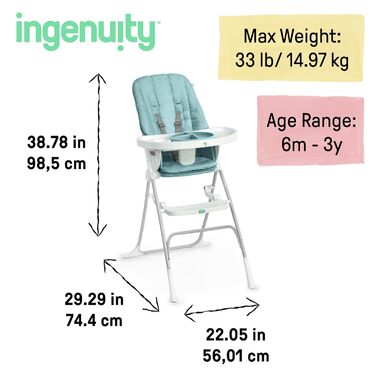 Дитячий стільчик для годування Ingenuity Sun Valley Kompakter Klapphochstuhl - блакитний, з тарілкою та 5-точковим ременем безпеки, від 6 місяців