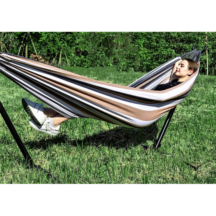 Двомісний гамак Carruzzo коричневий зі стійкою, витримує до 240 кг