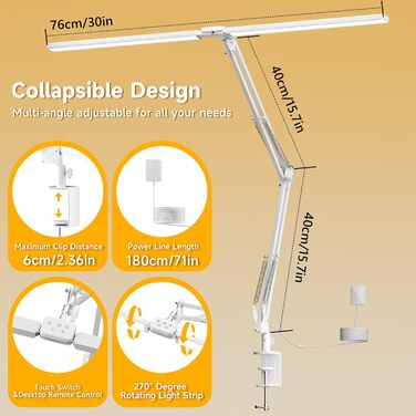 LED лампа настільна SKYLEO з двома головками, дистанційним керуванням, регулюванням яскравості, таймером, для офісу та читання, 76 см, з кріпленням