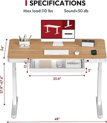 Електричний регульований стіл Sanodesk з ящиком, сенсорним керуванням та USB-портами, 120 x 60 см, білий стіл та рама, білий + білий (Ahorn + білий, 120 x 60 x (73.5-118) см)