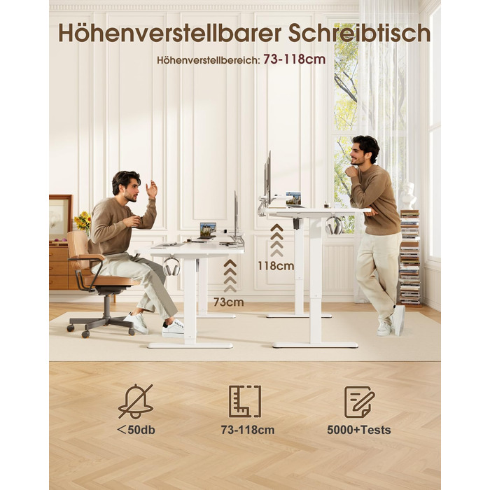 Електричний стіл Devoko з регулюванням висоти та підставкою для монітора, пам'ять 2 положення (білий, 180 x 80 см)