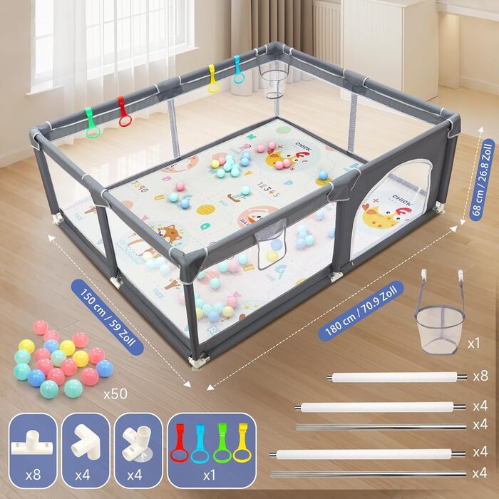 Манеж дитячий CHOLY для немовлят та малюків, 128x128 см (сірий з килимком 150x180 см) - безпечний, міцний, з сіткою та захистом