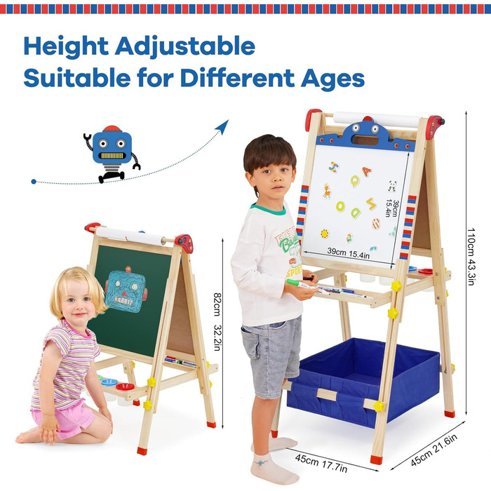 Дитяча мольберт Kinder Staffelei з двома сторонами, регульована висота, з роликом для паперу, аксесуари, підставка для речей (робот)