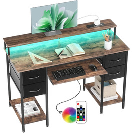 Ігровий стіл BEXEVUE з розетками та LED-підсвіткою 120x50 см - сучасний комп'ютерний стіл з підставкою для клавіатури, 4 висувні ящики, велика полиця для навчання, ігор та роботи. Колір: коричневий