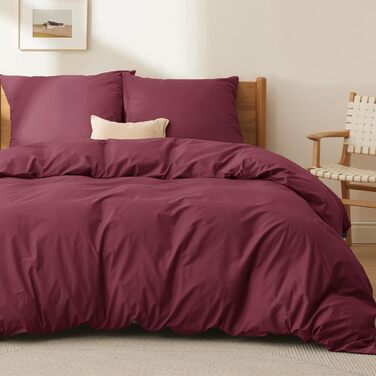 BEDSURE Комплект постільної білизни 135x200, бавовна, 4-х частинний - комплект постільної білизни, простирадло та 2 наволочки 80x80 см, Oeko-TEX, трав'яний колір з блискавкою (155 x 220 см, бордовий)