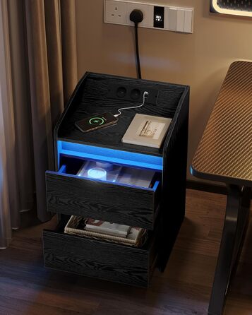 Комплект приліжкових тумб Hzuaneri з LED-підсвіткою, USB-зарядкою та розетками, 2 шухляди, чорний, для спальні та вітальні