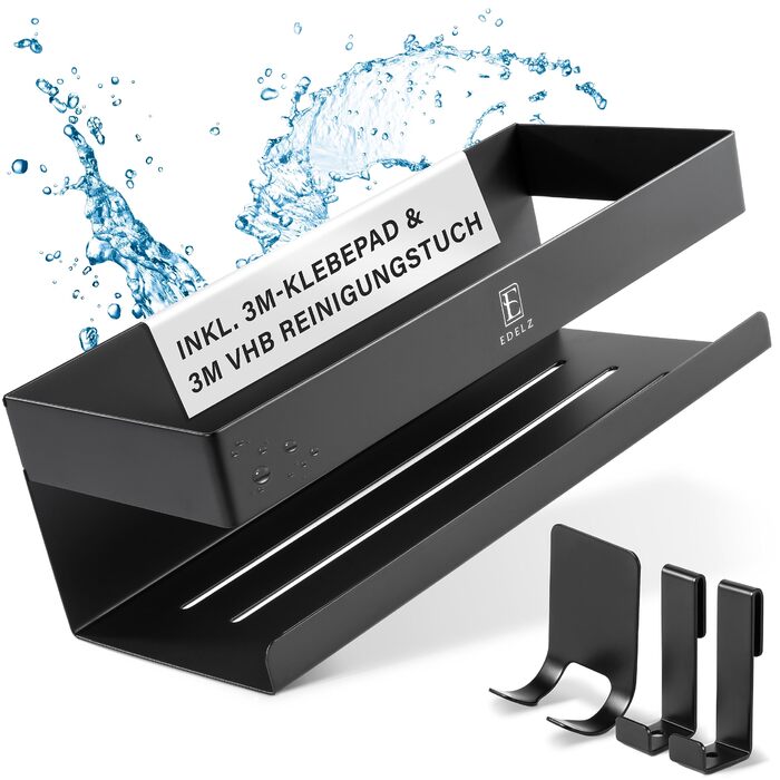 Поличка для душу Bad Duschablage без свердління - тримач для шампуню з нержавіючої сталі з оригінальними клейкими панелями 3M, 2 рухомі гачки, додатковий тримач для бритви (Чорний нержавіюча сталь)