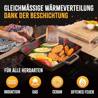 Сковорода-гриль з чавуну, 26 см, емальована, для приготування стейків, сумісна з усіма типами плит