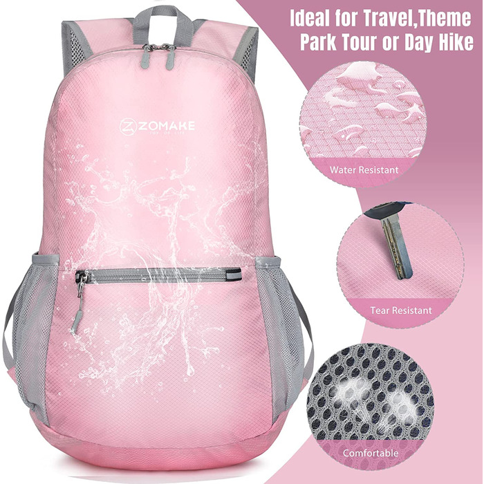 Надлегкий складаний рюкзак ZOMAKE об'ємом 20 л, невеликі рюкзаки, водонепроникний похідний рюкзак, що упаковується рюкзак для жінок і чоловіків, походів на відкритому повітрі (світло-рожевий)