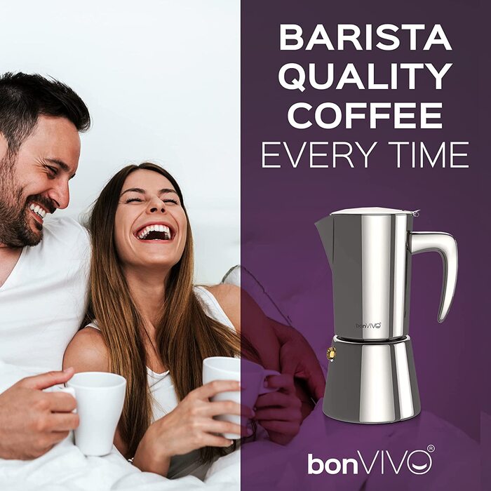 Індукційна Еспресо-плита bonVIVO Intenca-кавоварка з нержавіючої сталі з матовим покриттям, чайник, ситечко - мокко, 6 чашок, 300 мл (хром, 2 чашки-100 мл)