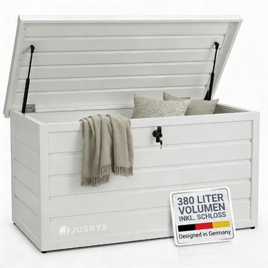 Ящик для зберігання вуличний Juskys Metall Limani 380л - водонепроникний, з замком - для саду, подушок, меблів (білий)
