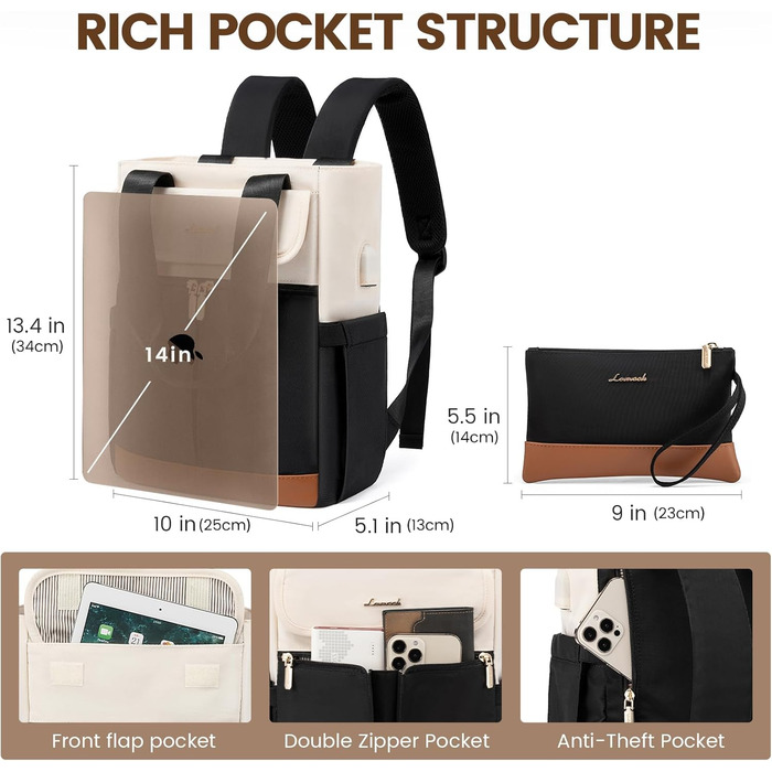 LOVEVOOK Рюкзак для жінок, 13.3 дюйми: компактний міський рюкзак, сумочка, елегантна сумка через плече, водонепроникний, для ноутбука, бежевий, чорний, коричневий