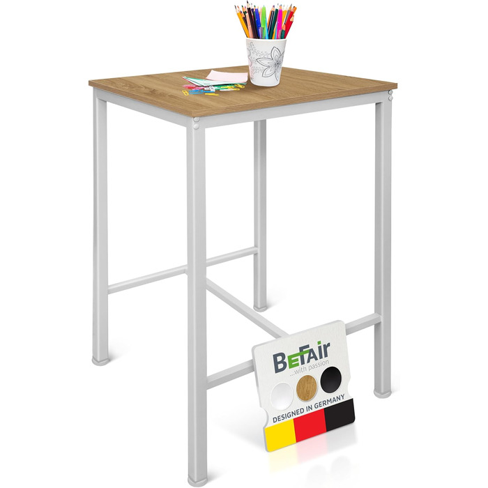 Барний стіл BeFair з дуба та білого кольору, 60x60 см, індустріальний дизайн, металеві ніжки, з підніжкою