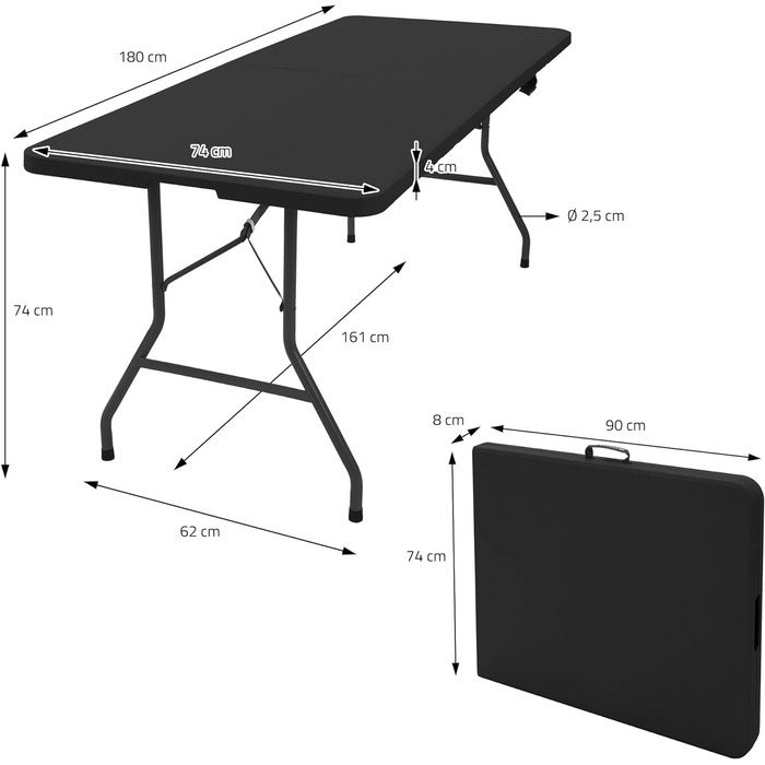 Кемпінговий стіл ML-Design складний чорний 180x74 см пластиковий, розкладний стіл з ручкою для перенесення, відкидний стіл для садової тераси балкон, садовий стіл 6 персон, фуршет стіл для вечірки стіл валіза стіл блошиний ринок стіл