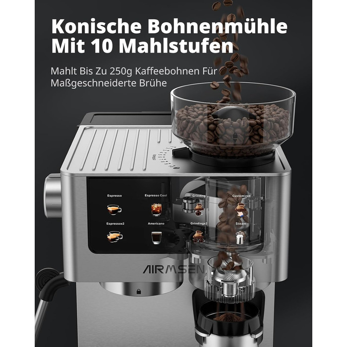 Еспресо-машина Siebträger з прозорою колбою, 20 Bar, автоматичний спінювач молока, для капучино та лате, Dual Boiler (1350W & 1000W), 15s екстракція, нержавіюча сталь, бак 1.8L, сенсорний дисплей, автоматичний спінювач молока (з млинком)