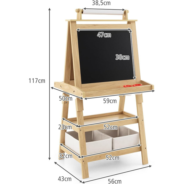 Дитячий мольберт DREAMADE з дерева, двосторонній з полицею, рулоном паперу, дошкою та крейдяною дошкою