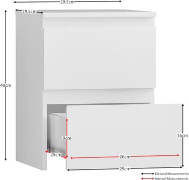 Приліжковий комод Vida Designs Denver, 2 шухляди, білий, H 40 x Ш 29.5 x D 29.5 см