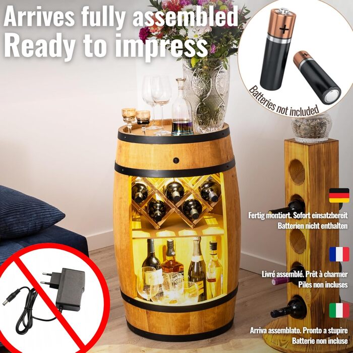 Дерев'яний бочонок-бар Fass від Creative Cooper: полиця для вина з LED підсвічуванням, 80x50 см, рустикальний дизайн, для дому