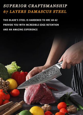 Ніж кухарський 20 см Xuan Серія VG10 Дамаський сталь - Ніж для кухні з ручкою з смоли (Фантастичний помаранчевий)