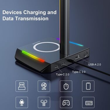 Підставка для навушників Feegar з RGB підсвічуванням та бездротовим зарядним пристроєм, для геймінгу, з USB та Type-C, 11 режимів підсвічування