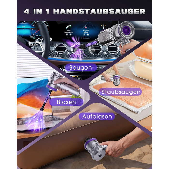 Бездротовий автомобільний пилосос Ortiny 28000Па, ручний міні-пилосос 4 в 1 з безщітковим двигуном та самоочищенням контейнера, для авто, дому та кухні, сріблясто-фіолетовий