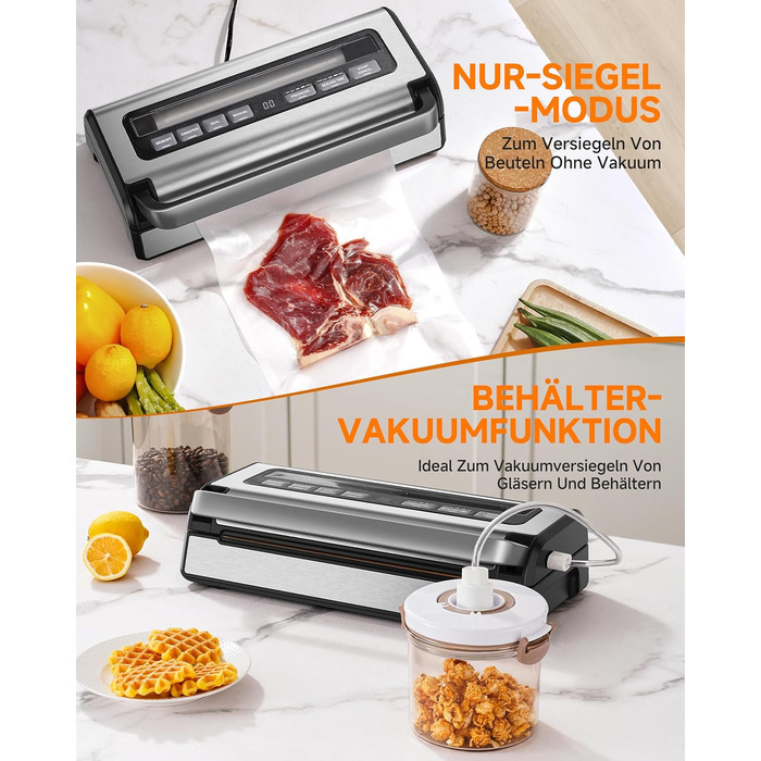 Вакууматор для продуктів 9-в-1 з потужністю 95 кПа, регулюванням часу та тиску, функцією пам'яті, подвійним запаянням, вбудованим різаком та відсіком для пакетів, корпус із нержавіючої сталі, у комплекті 2 ролини та шланг