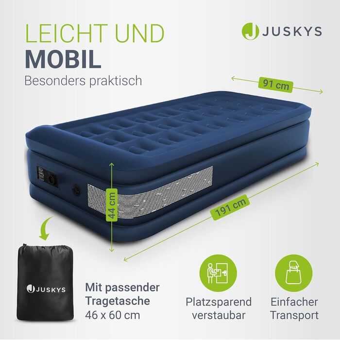 Надувний матрац Juskys Sapri M блакитного кольору - 1 особа, самонадувний, для гостей та кемпінгу, з вбудованим насосом