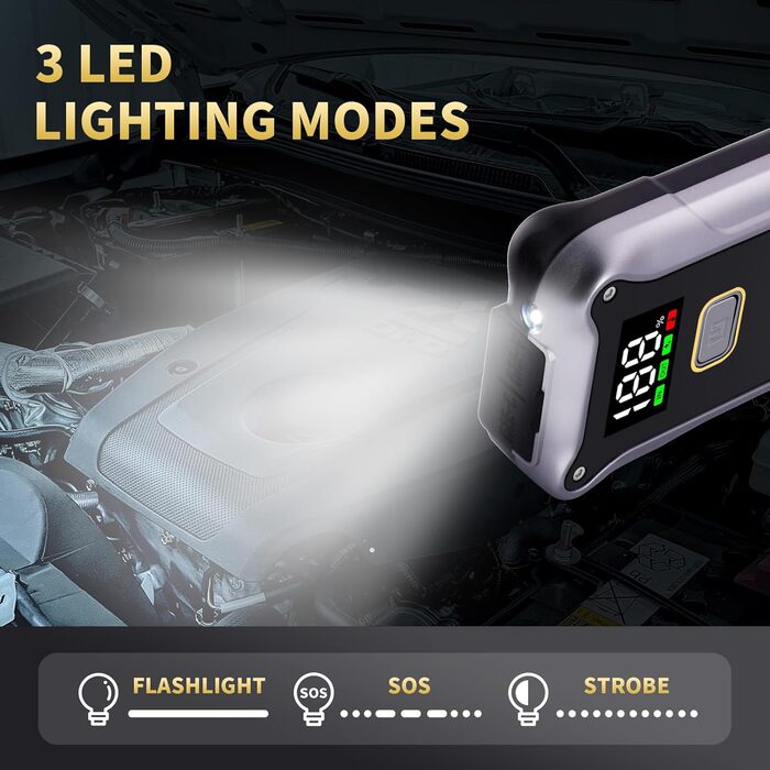 Powerbank Starthilfe 4000A: Портативний пусковий пристрій для авто 12V з LCD дисплеєм та LED ліхтариком. Підходить для бензинових (9.0L) та дизельних (7.5L) двигунів. Ідеально для SUV, мотоциклів та газонокосарок.