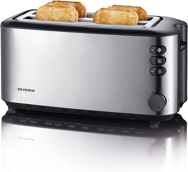 Автоматичний тостер SEVERIN з довгим розрізом, тостер із насадкою для булочки, високоякісний тостер з нержавіючої сталі з великими камерами для випічки та потужністю 1400 Вт, матова нержавіюча сталь/чорний, AT 2509