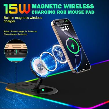 RGB ігровий килимок для миші з бездротовою зарядкою Qi 15W, LED підсвічуванням, 10 режимів, водонепроникний, протиковзкий, для геймінгу, офісу та дому (чорний)