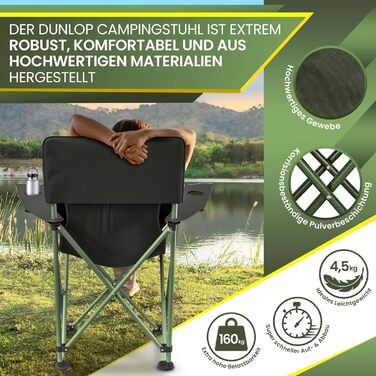 Крісло для кемпінгу DUNLOP Foldable XXL - Розкішне крісло для кемпінгу легке з м'яким м'яким підголівником I Тверде трубчасте сталеве складане крісло 160 кг з можливістю завантаження I 2 зручні підлокітники з 2-кратним підстаканником I Рибальське крісло