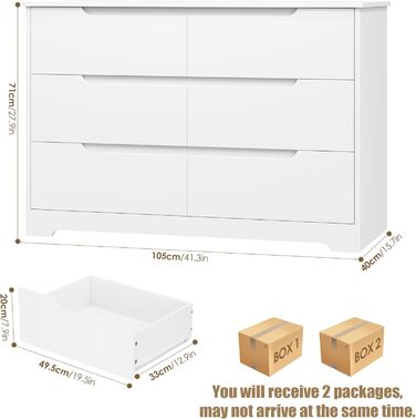 Комод HOCSOK білий з 6 висувними ящиками, 105x71x40 см – для вітальні, кухні, спальні