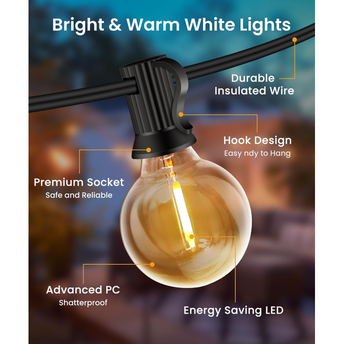 LED гірлянда для вулиці, 20 метрів, G40, 30+2 лампочки, пластик, IP44, вологостійка, для саду, вечірки, тепле світло, 20м, EU