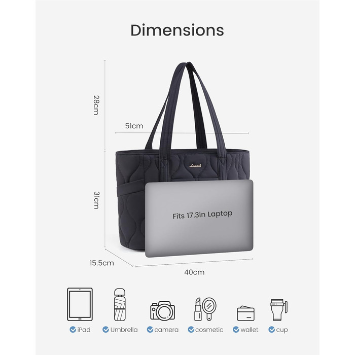 Сумка для ноутбука LOVEVOOK, жіноча, середнього розміру, shopper, tote, для роботи, навчання, подорожей (17.3 дюйми, чорна)