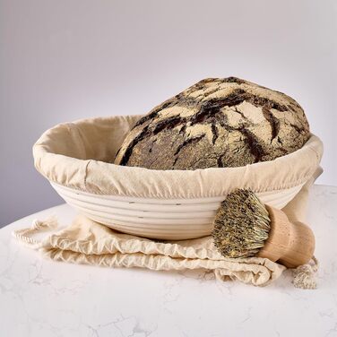 Набір для хліба Praknu: 2 кошики з ротангу, щітка, льонова вставка та мішечок для хліба (30см)