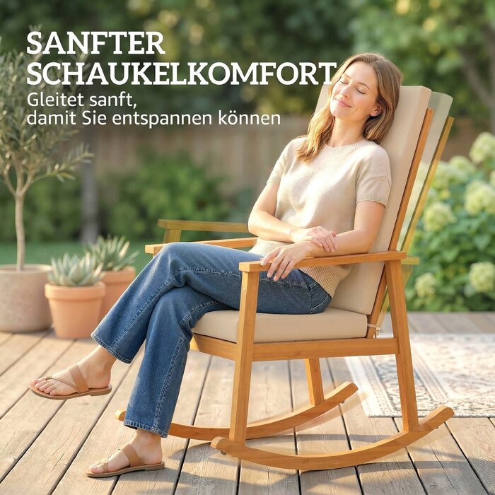 Гойдалка з акації з високою спинкою та подушкою, витримує до 160 кг, 60 x 89 x 107 см, бежева