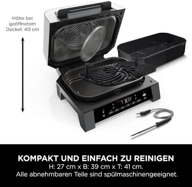 Ninja MAX 6-в-1 гриль та фритюрниця з гарячим повітрям для дому, 6 функцій приготування, об'єм 3.8 л, цифровий термометр, сірий/срібний, DG551EU