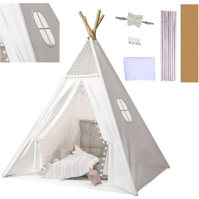 Дитячий намет-типі Kindertipi Dacron 120x120x160 см з вікном, для дому, білий. Стабільний намет-типі для дітей з 4 дерев'яними опорами