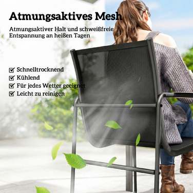 Набір садових меблів: комплект для відпочинку 150 x 80 см з розкладним столиком зі скла та 6 дихаючими стільцями з декоративними підлокітниками, колір - чорний.