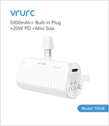 Швидкий зарядний пристрій VRURC PowerBank 20W PD 5000mAh USB-C для смартфонів - білий