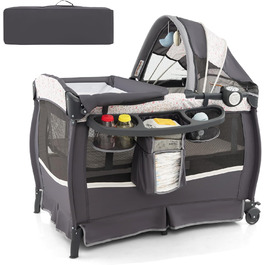 Дитяче туристичне ліжко COSTWAY 5 в 1 з матрацом, функція ліжечка-гойдалки, з регульованим козирком, пеленальний столик, музична іграшка та сумка для перенесення, до 15 кг (квітковий принт)