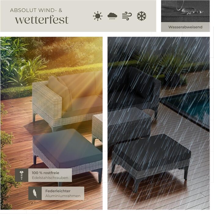 Тектейк® Садовий лаунж з ротангу, набір меблів для саду на 5 місць, модульний, з кутовим кріслом, пуфом, столиком, сірий, з подушками для сидіння та спинки