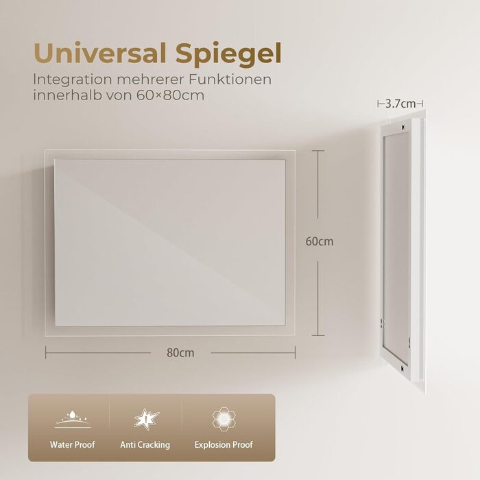 Дзеркало для ванної кімнати з підсвічуванням LED 80x60 см, регульоване, з протитуманним покриттям, вертикальна/горизонтальна установка, 3 кольори світла (3000K/4000K/6500K)