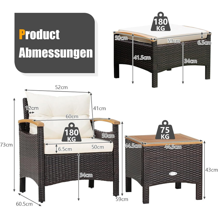 Набір садових меблів GIANTEX 5 предметів: 2 крісла, 2 пуфи та столик - ротанг, кремово-білий колір, для саду та балкону