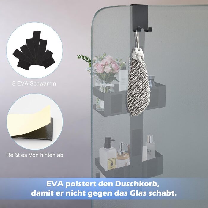 Настінна поличка для душу з нержавіючої сталі SUS304, без свердління, для скляних дверей (чорний)