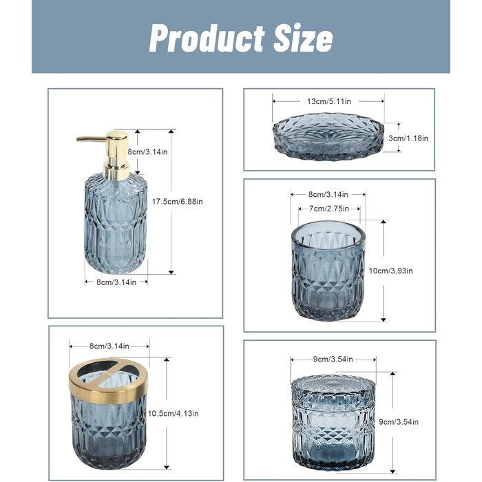 Скляний набір для ванної кімнати дозатор для мила, тримач для зубних щіток, мильниця, кружка, контейнер для ватної палички (синій), 5 шт.