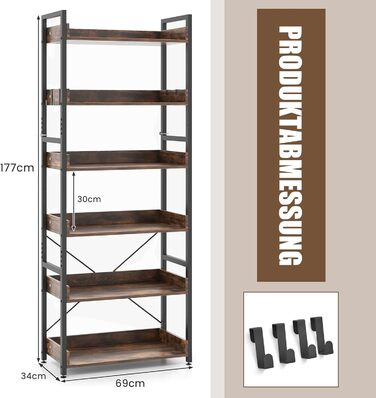 Книжкова шафа COSTWAY з 6 ярусами, металева стояча полиця з 4 мотиками, офісна полиця для промислового дизайну Окремо стояча полиця для зберігання для вітальні, спальні, кабінету, 69 x 34 x 177 см
