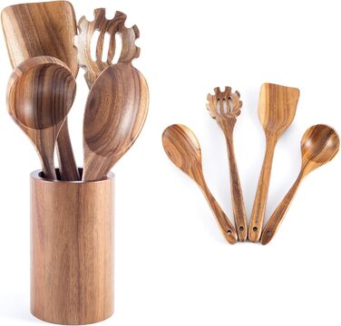 Набір кухонних помічників з дерева (9 шт.): щипці для гриля, вінчик, лопатка, ложка, шумовка. Матеріал: теак.